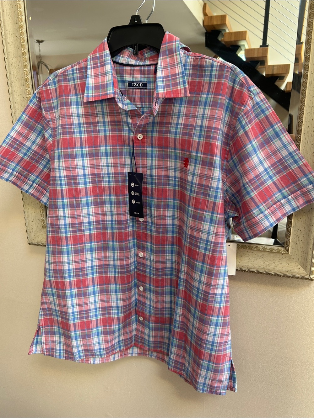 Izod Red and Blue Plaid Short-Sleeve Button-Down Shirt